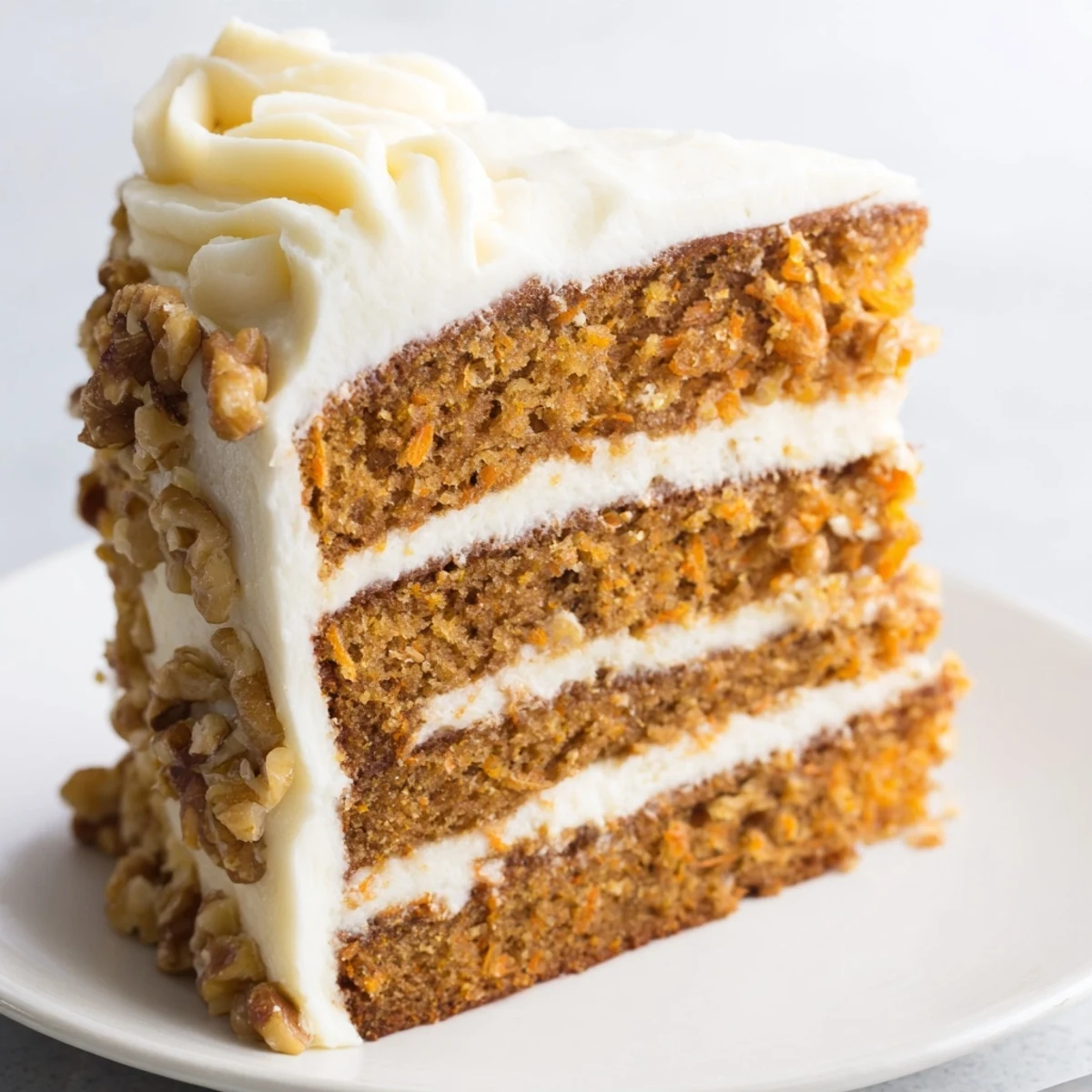 A slice of Carrot Cake Layer Cake with Cream Cheese Frosting shows moist crumb and frosting swirls.