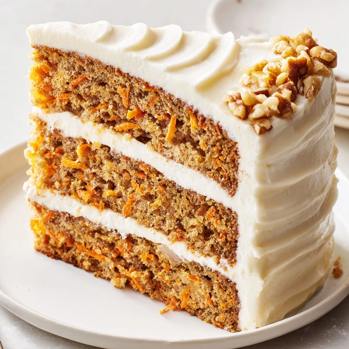 Carrot Cake Layer Cake with Cream Cheese Frosting on a plate with fork and dessert plate nearby.