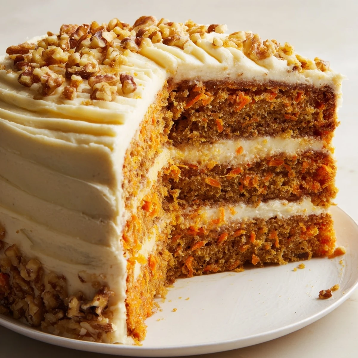 Moist Carrot Cake Layer Cake with Cream Cheese Frosting, ready to serve with coffee or tea.