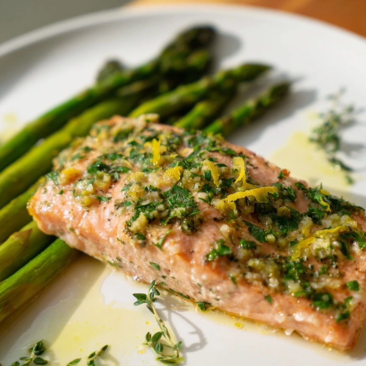 Fresh lemon herb salmon with roasted asparagus arranged on a parchment-lined pan, garnished with lemon wedges and parsley.
