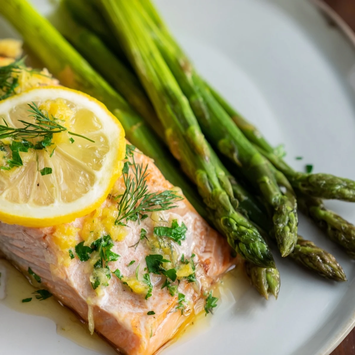 Golden lemon herb salmon and crisp roasted asparagus arranged on a baking sheet, ready to garnish and serve for a gluten-free meal.