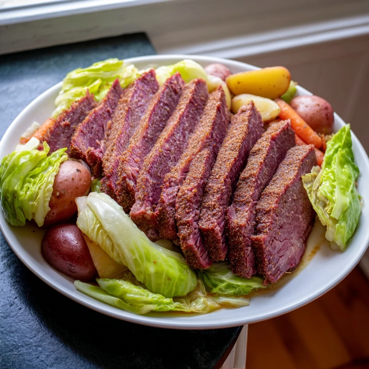 Fork-tender Slow Cooked Corned Beef Brisket with Cabbage Wedges on a rustic platter, served with carrots and potatoes.