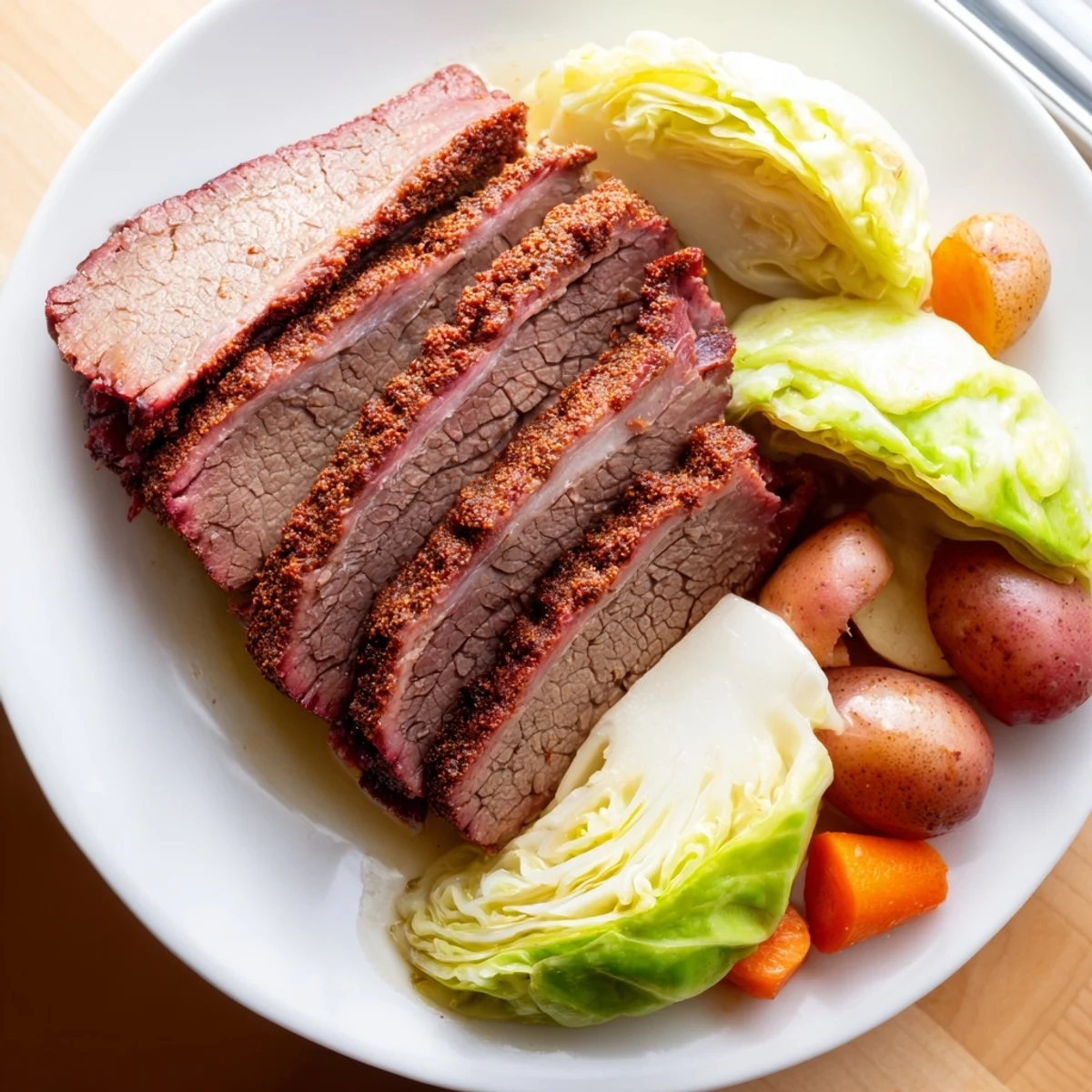 Close-up of juicy Slow Cooked Corned Beef Brisket with Cabbage Wedges, glazed with savory cooking juices.