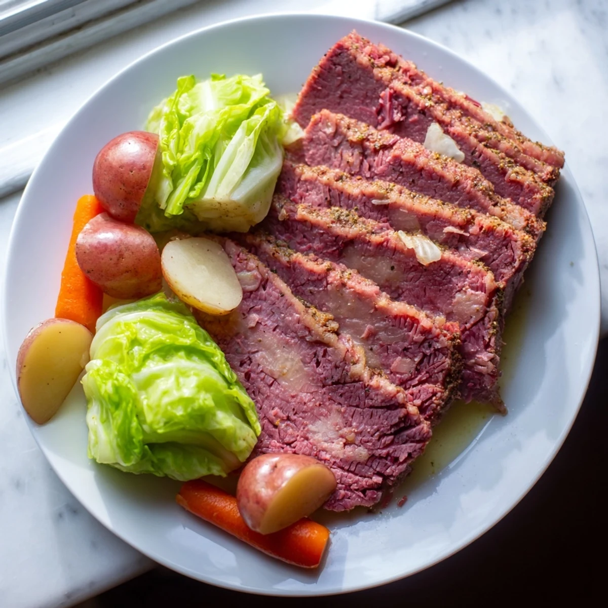 Hearty Slow Cooked Corned Beef Brisket with Cabbage Wedges arranged for a St. Patrick’s Day family dinner.