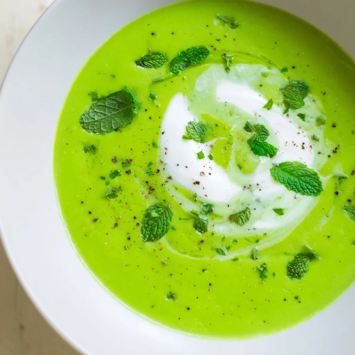 A bowl of Creamy Spring Pea and Mint Soup with Crème Fraîche garnished with mint leaves.