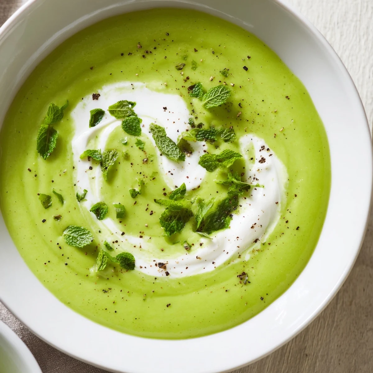 Silky Creamy Spring Pea and Mint Soup with Crème Fraîche swirled with extra cream and black pepper.