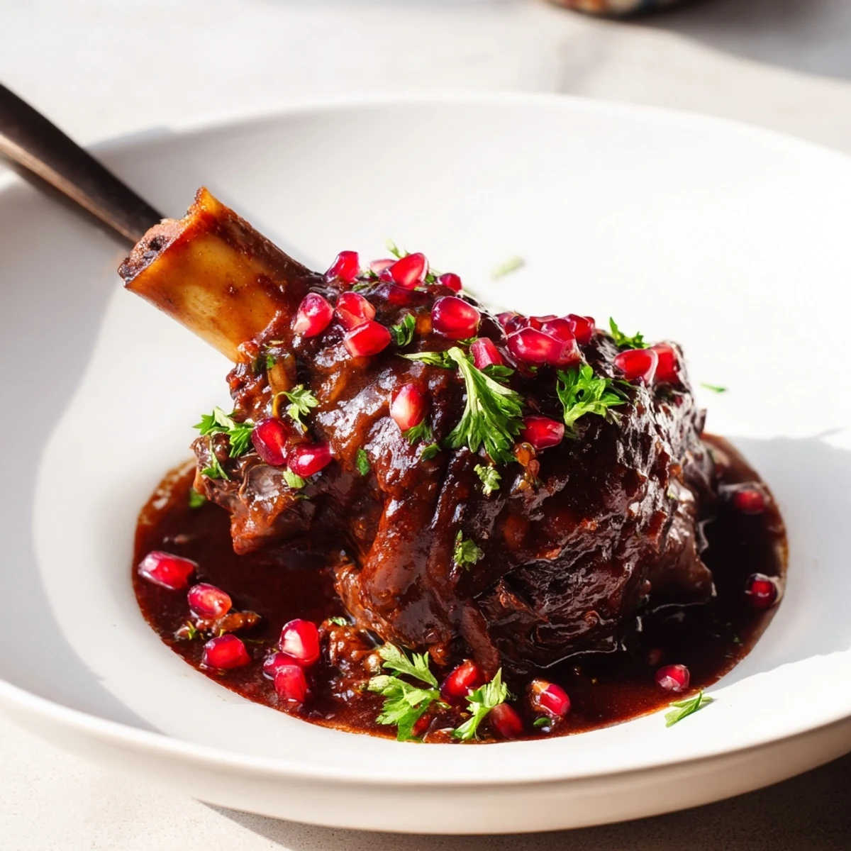 Four browned lamb shanks braised with aromatic vegetables in a Dutch oven, bathed in a rich pomegranate reduction.