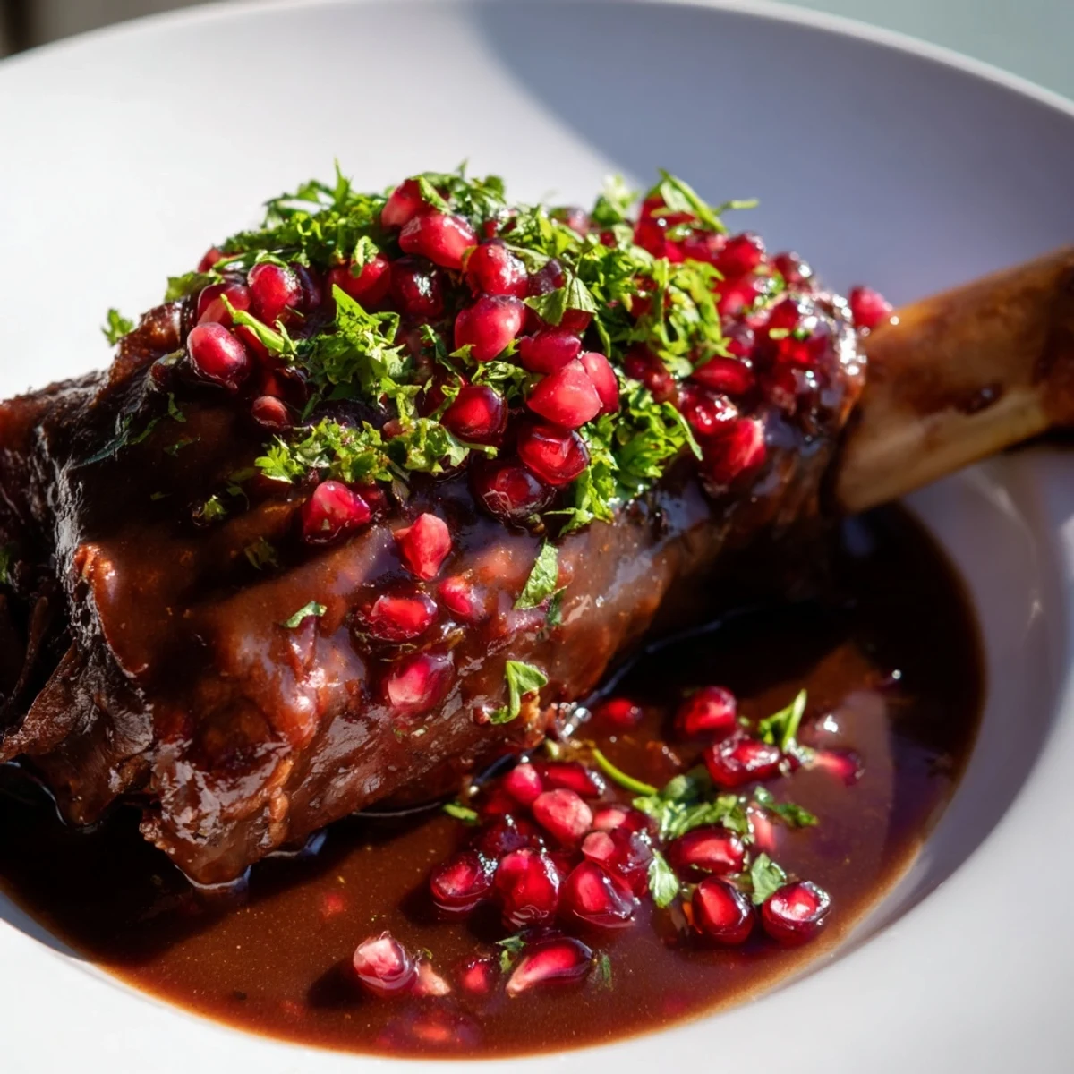 Tender, fall-off-the-bone lamb shanks glazed with tangy pomegranate reduction, garnished with fresh parsley and pomegranate seeds.