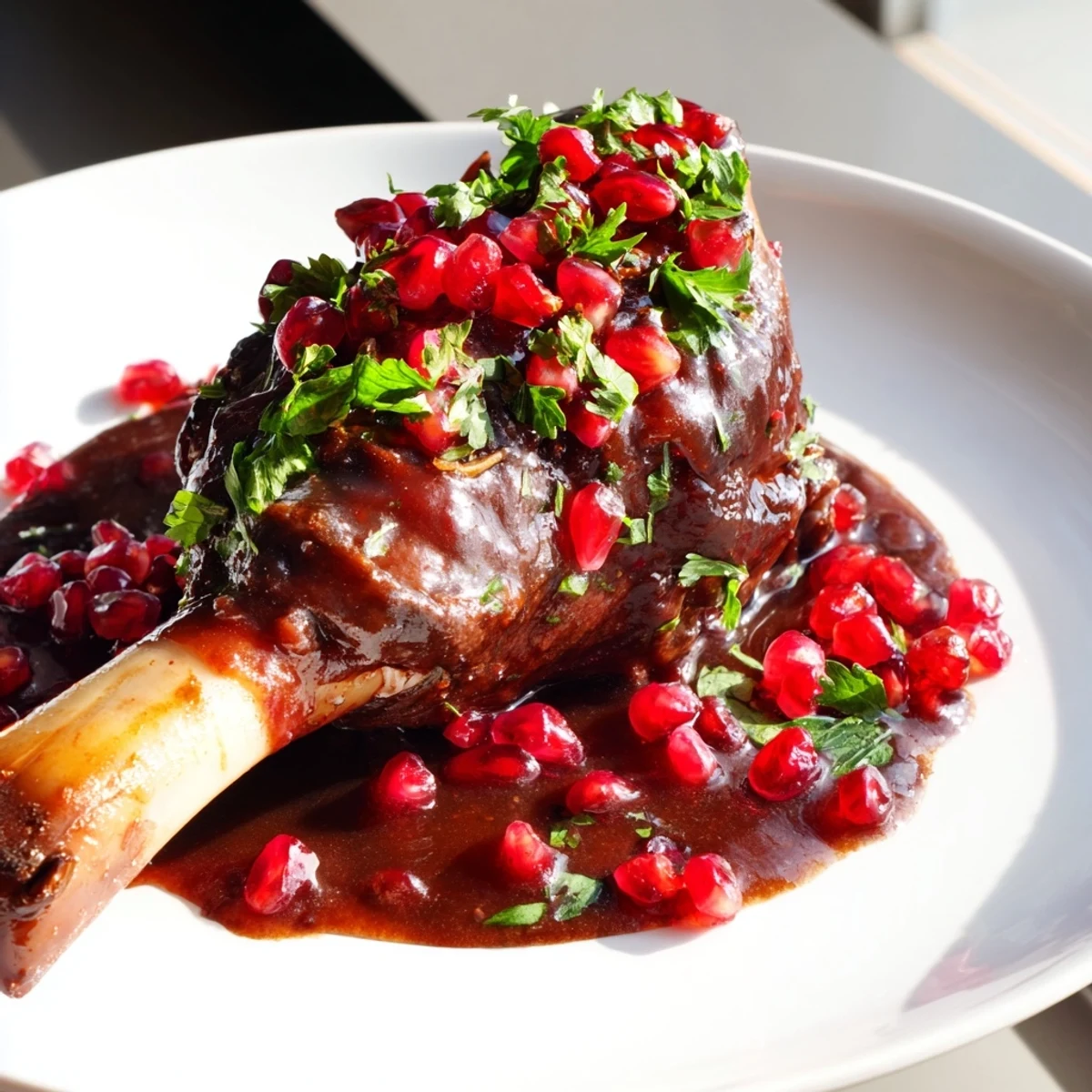 Succulent braised lamb shanks with deep red pomegranate sauce, served over creamy mashed potatoes for a cozy dinner.