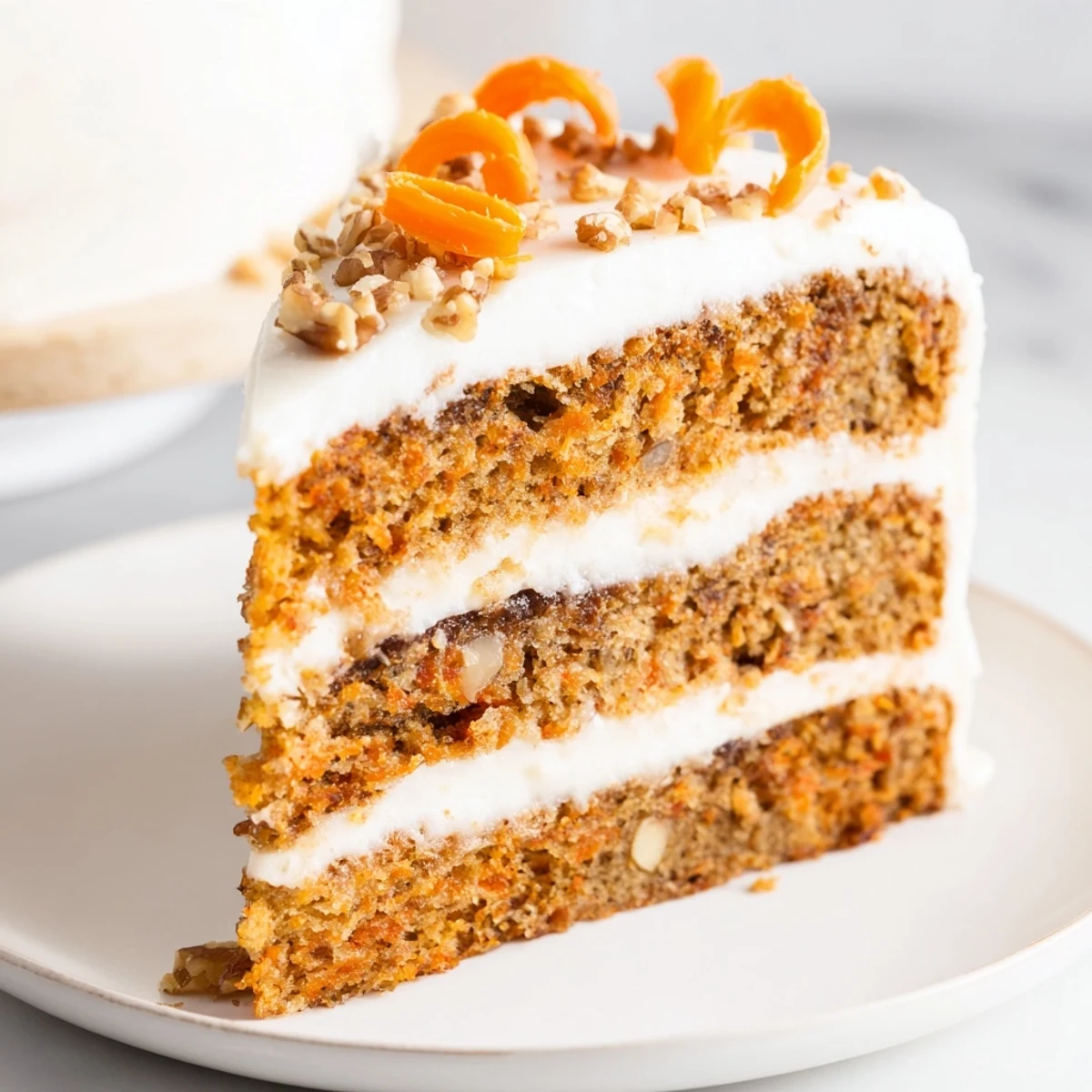Three-layer carrot cake layer cake with cream cheese frosting, decorated with chopped nuts on a wooden board.