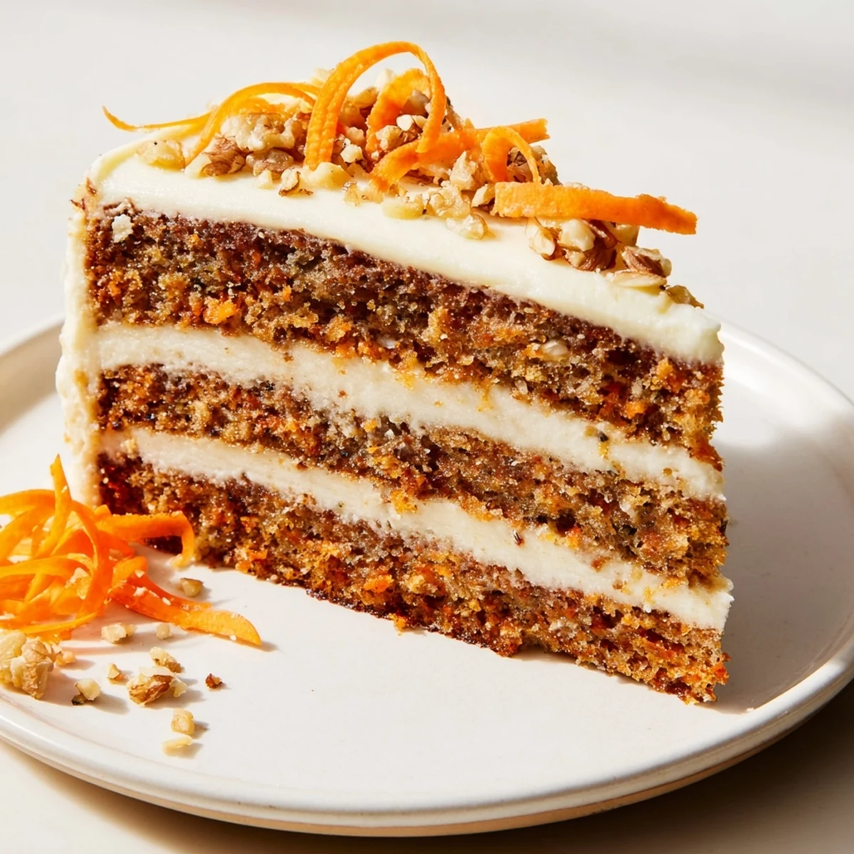 Moist carrot cake layer cake with cream cheese frosting sliced on a white plate beside a steaming cup of tea.