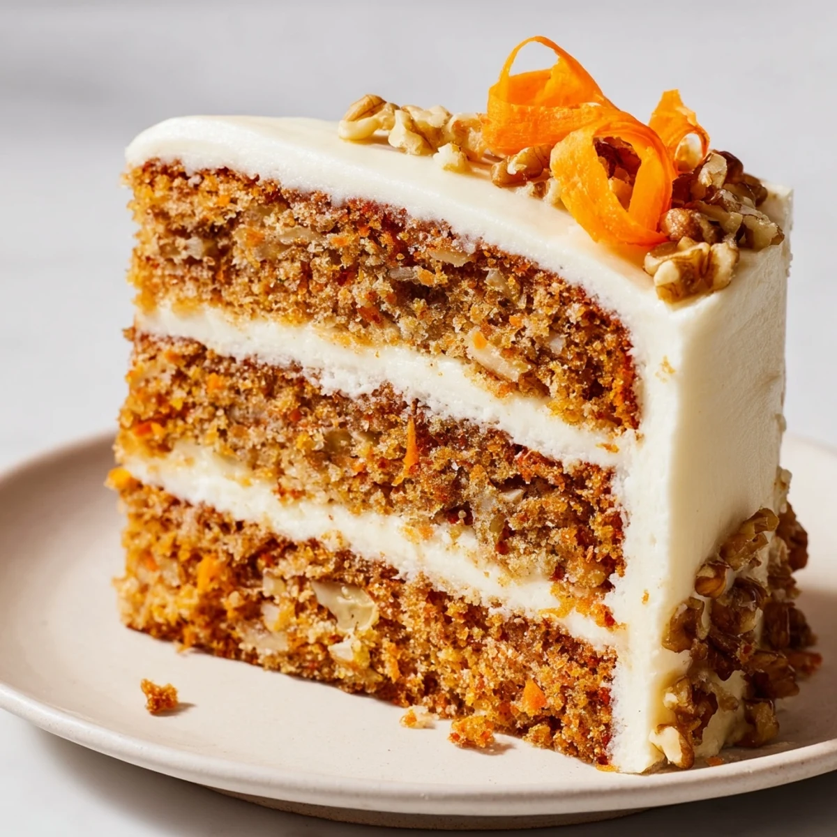 Homemade carrot cake layer cake with cream cheese frosting, topped with piped swirls and edible carrot garnish.