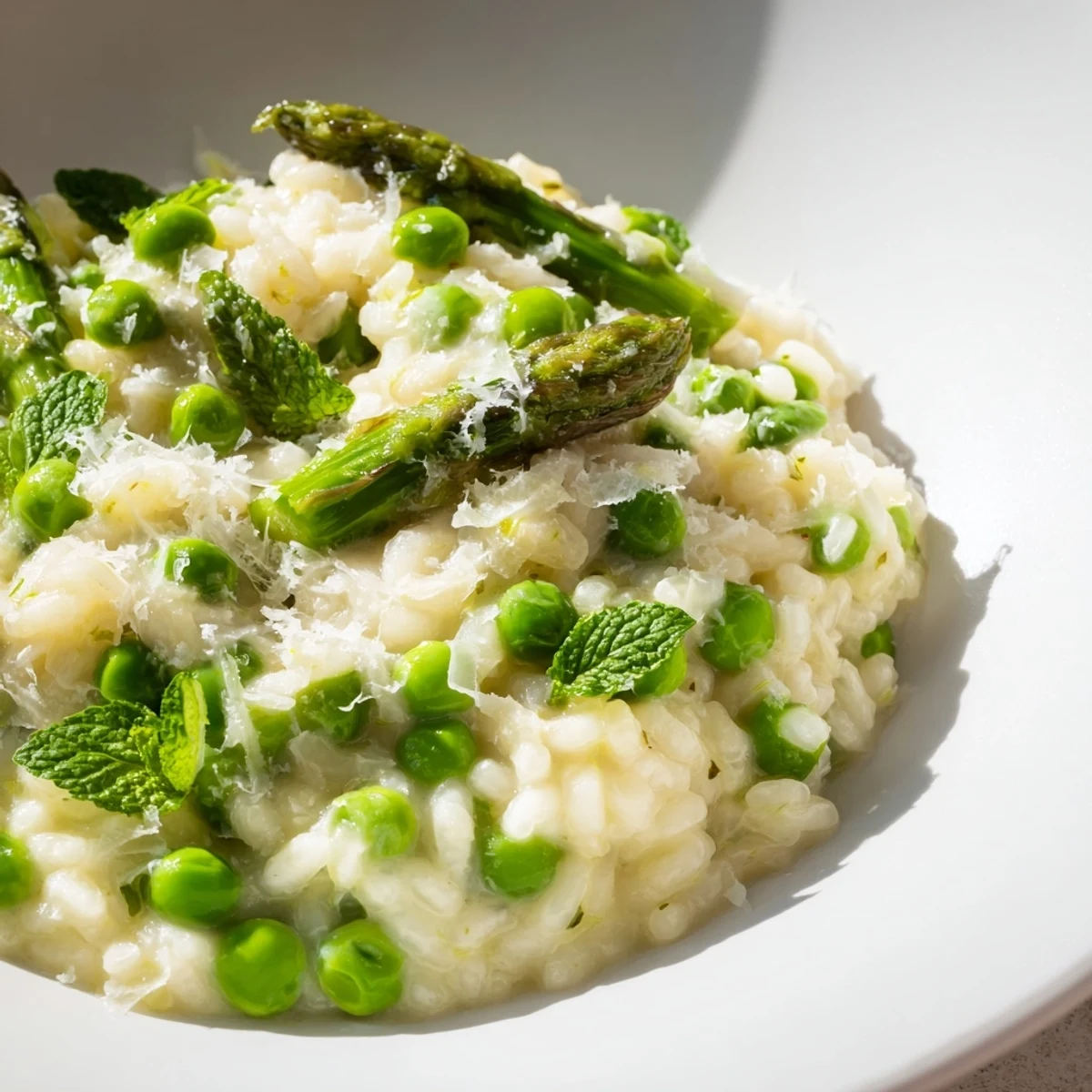 A vibrant bowl of Creamy Asparagus and Pea Risotto with Mint garnished with extra Parmesan and mint leaves.