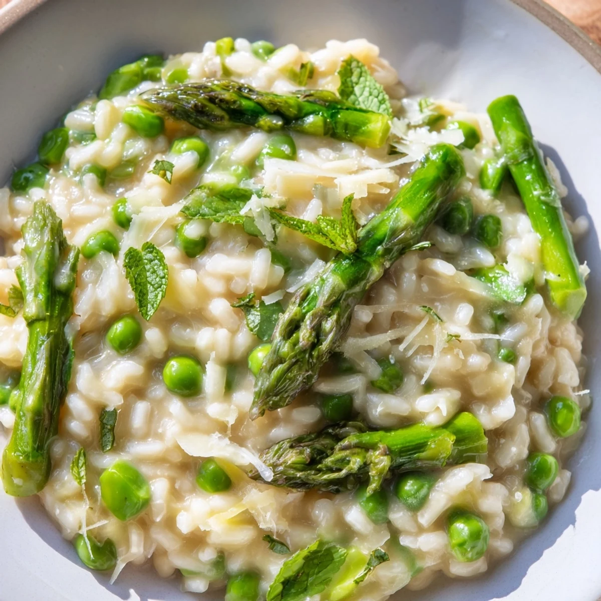 Freshly cooked Creamy Asparagus and Pea Risotto with Mint steaming in a white ceramic bowl, ready to serve.