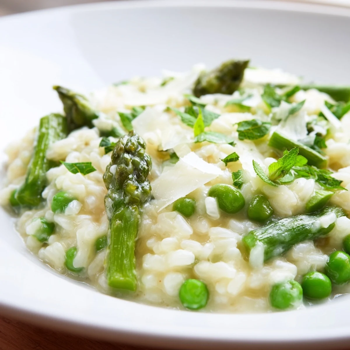 Close-up photo of Creamy Asparagus and Pea Risotto with Mint showing tender green vegetables mixed into the rice.