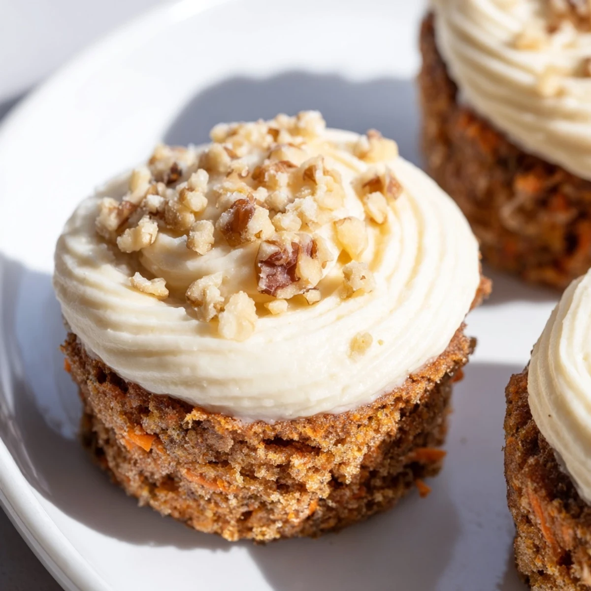 Freshly baked carrot cake cupcakes with creamy frosting and a hint of cinnamon on a cozy plate.