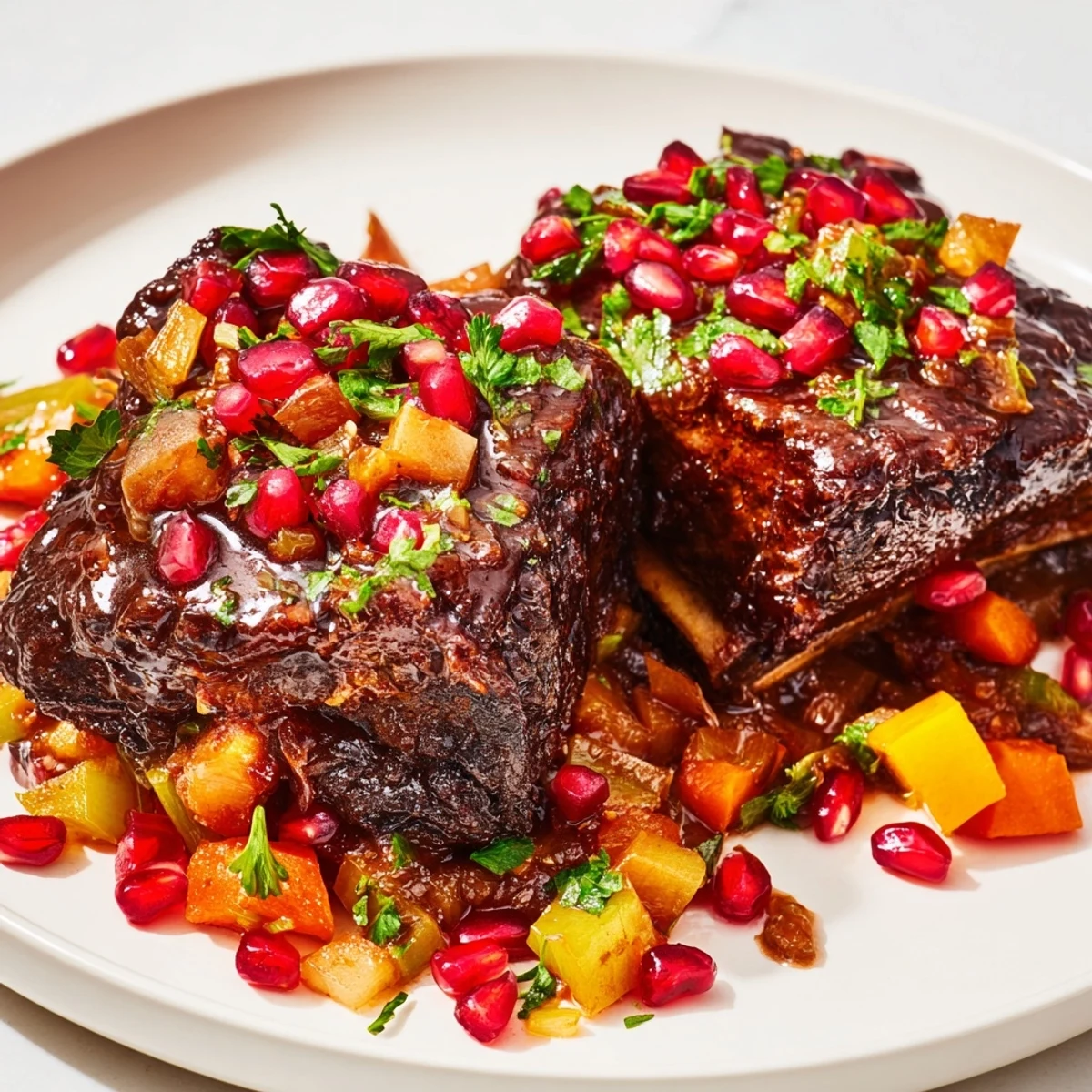 Four bone-in beef short ribs glisten under a glossy pomegranate glaze on a white platter, garnished with fresh parsley and jewel-like seeds.