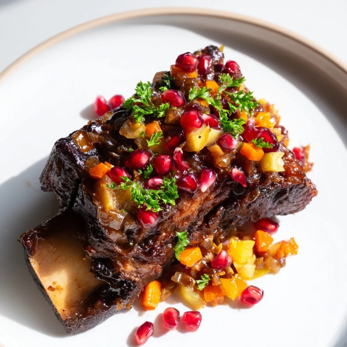 Fall-off-the-bone Braised Beef Short Ribs with Pomegranate Glaze, artfully plated with roasted carrots and a drizzle of tangy, jewel-bright sauce.