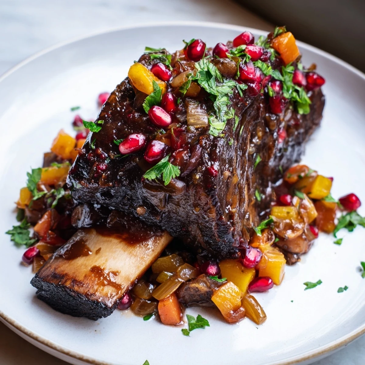 Fork-tender braised beef short ribs in a rich red wine and pomegranate reduction, served over creamy mashed potatoes with fresh thyme.