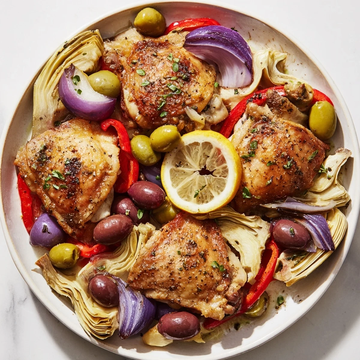 Golden-brown Sheet Pan Lemon Herb Chicken with Artichokes and Olives rests on a baking sheet with roasted veggies.