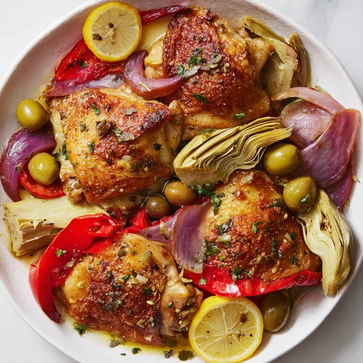 Tender Sheet Pan Lemon Herb Chicken with Artichokes and Olives features colorful peppers and onions, ready for a family dinner.