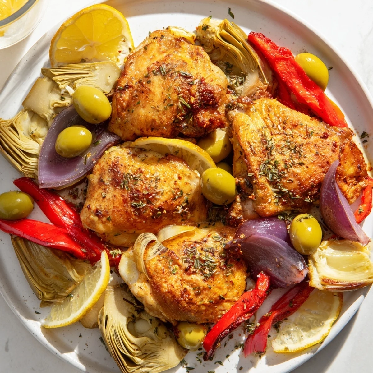 Juicy Sheet Pan Lemon Herb Chicken with Artichokes and Olives is served hot from the oven on a rustic platter.