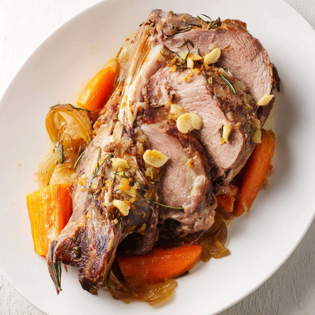 Slow roasted leg of lamb with garlic and lemon, golden and succulent, garnished with fresh rosemary and thyme.