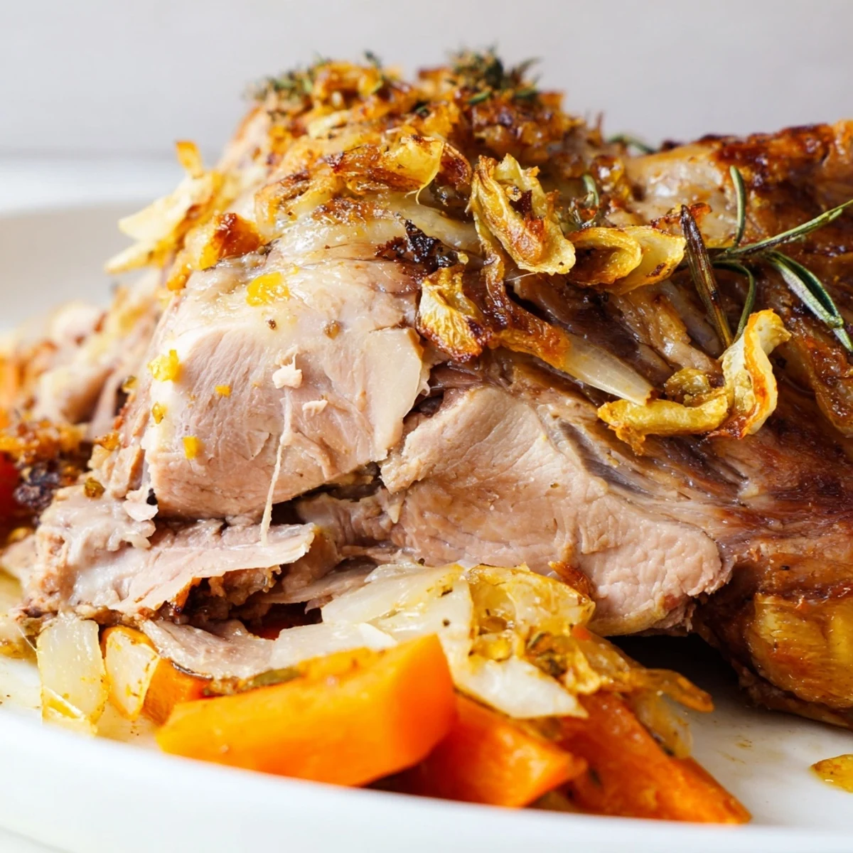 Tender slow roasted leg of lamb with garlic and lemon, served with roasted carrots and onions on the side.