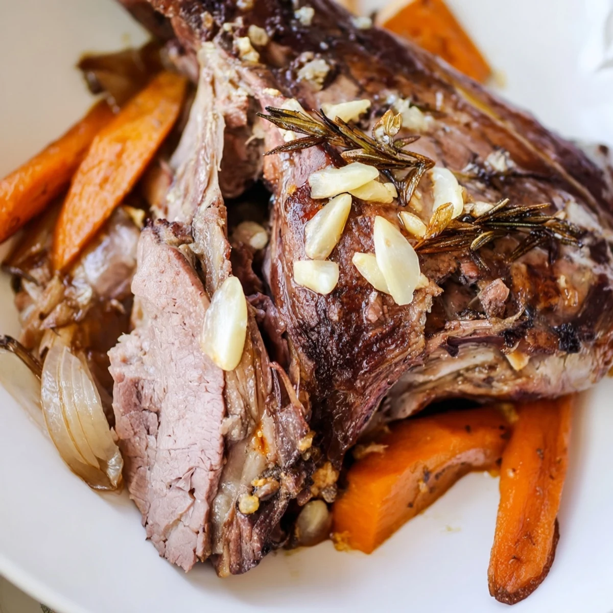 A rustic platter of slow roasted leg of lamb with garlic and lemon, carved and drizzled with pan juices.