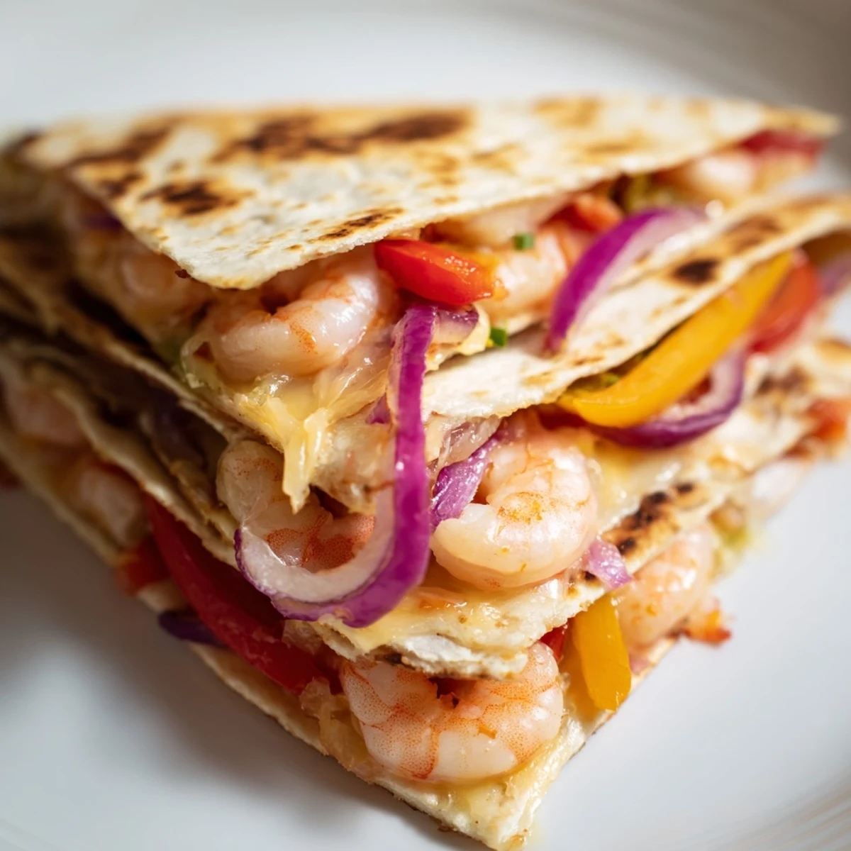 Golden-brown Shrimp Fajita Sheet Pan Quesadillas, filled with juicy shrimp and roasted peppers, ready to serve.