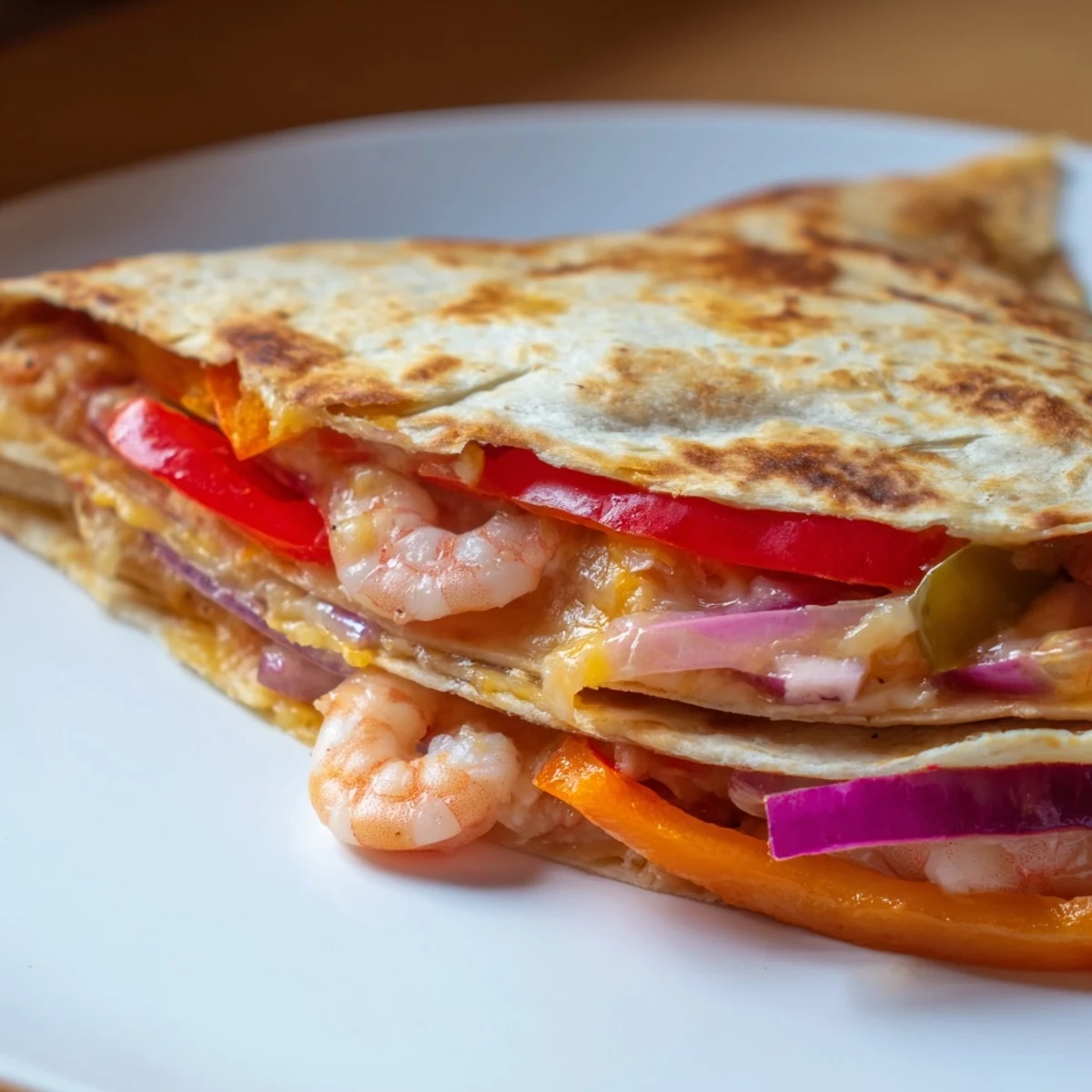 A close-up of Shrimp Fajita Sheet Pan Quesadillas with melty cheese and cilantro garnish on a plate.