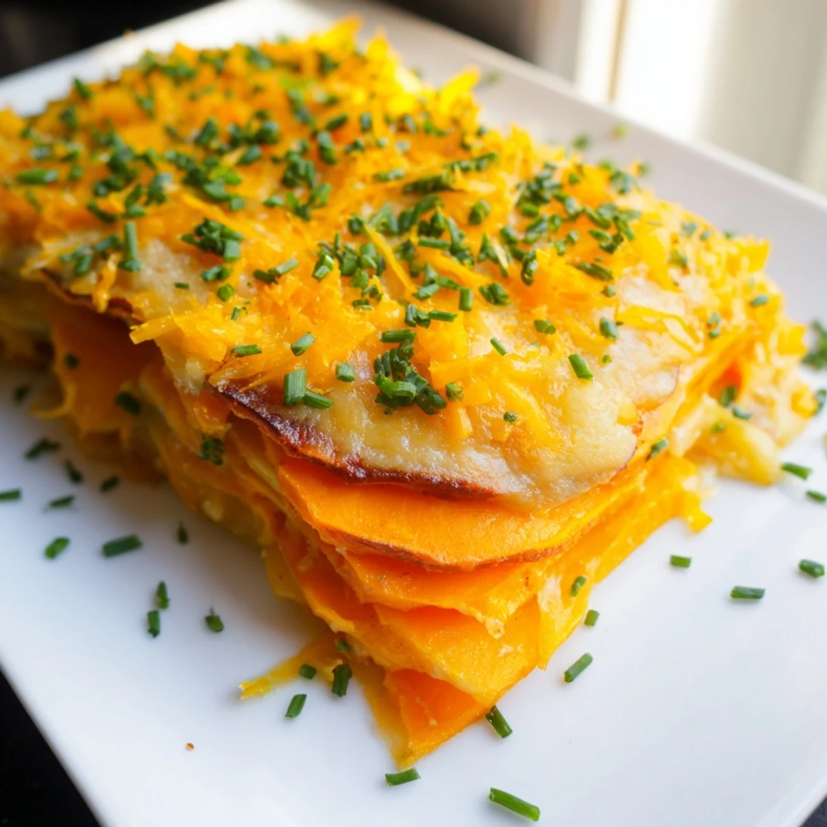 Golden layers of sweet potatoes and caramelized onions in Cheesy Sweet Potato Gratin with Caramelized Onions Delight, garnished with fresh chives.