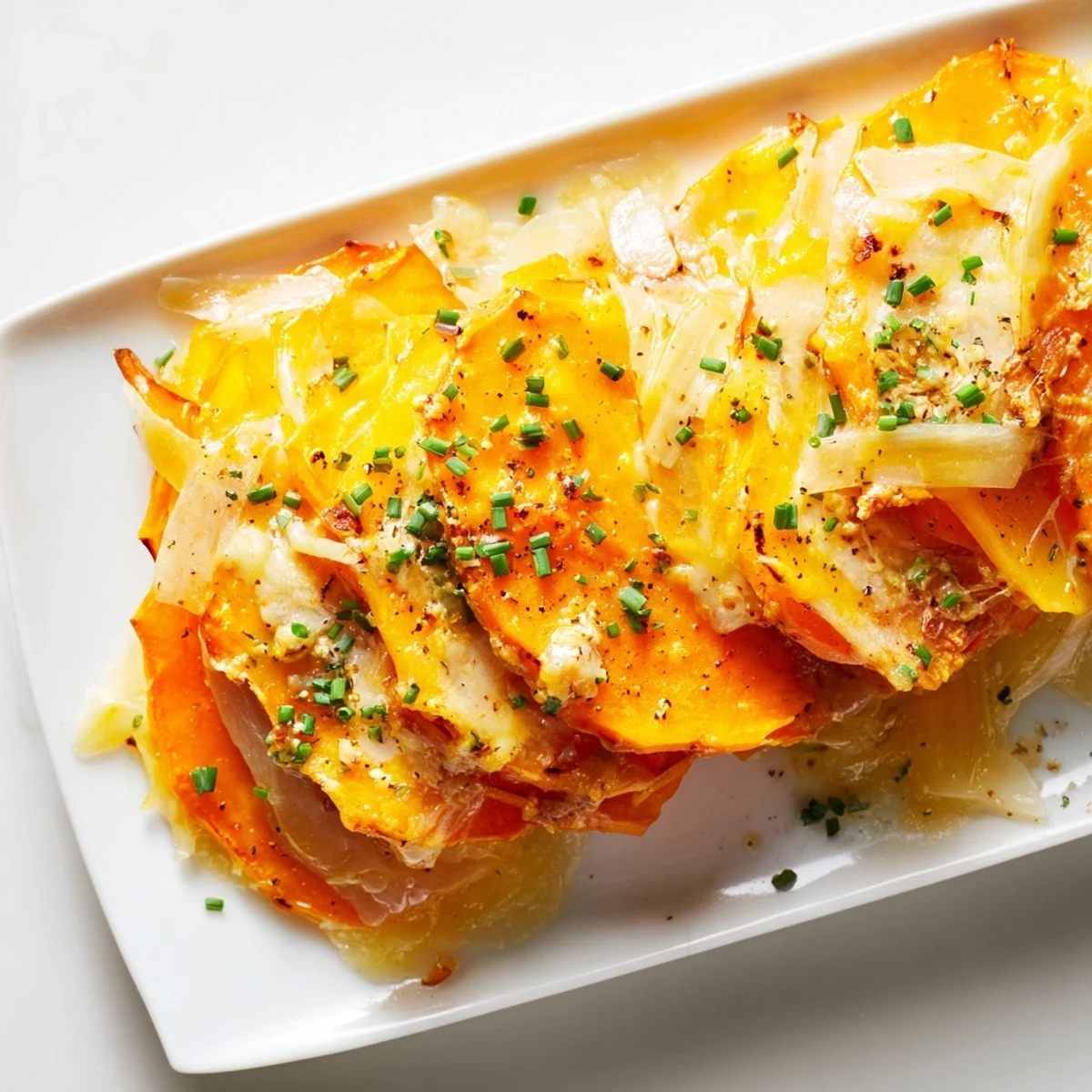 A close view of Cheesy Sweet Potato Gratin with Caramelized Onions Delight, creamy sauce soaked into tender slices, ideal for a comforting dinner.