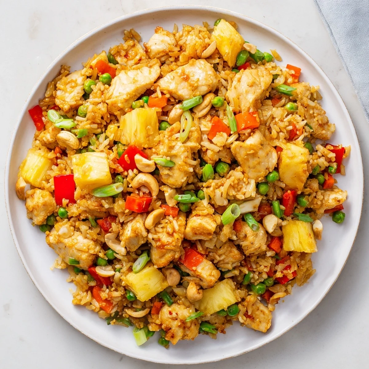 Golden pineapple chunks and tender chicken pieces glisten in this Pineapple Chicken Fried Rice with Cashews, served alongside lime wedges.