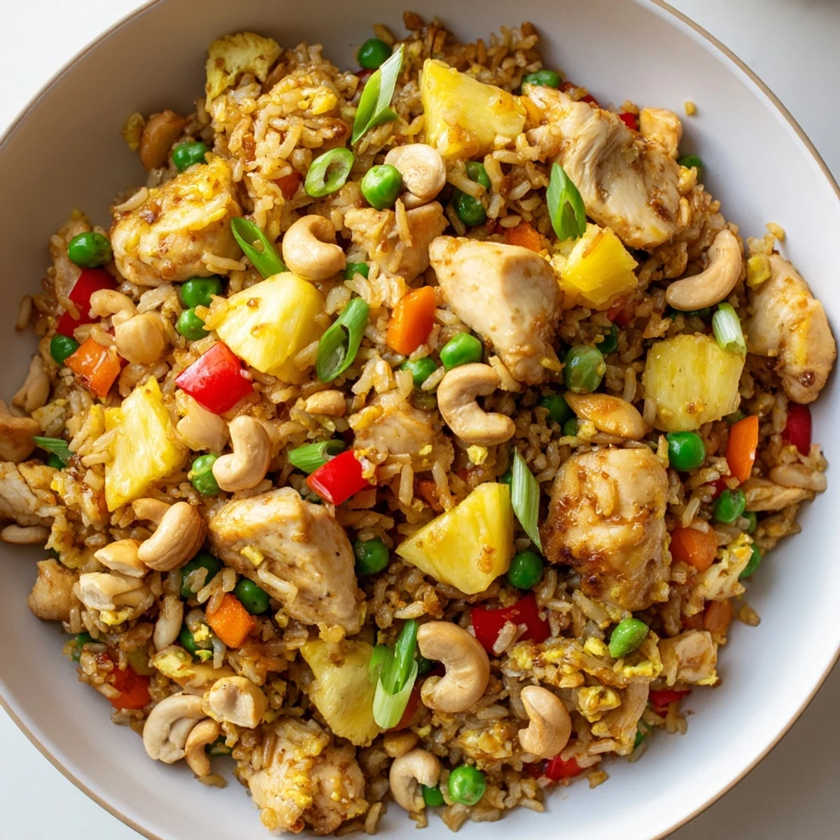 A close-up shows fluffy jasmine rice mixed with vibrant red bell pepper and green peas in the Pineapple Chicken Fried Rice with Cashews.