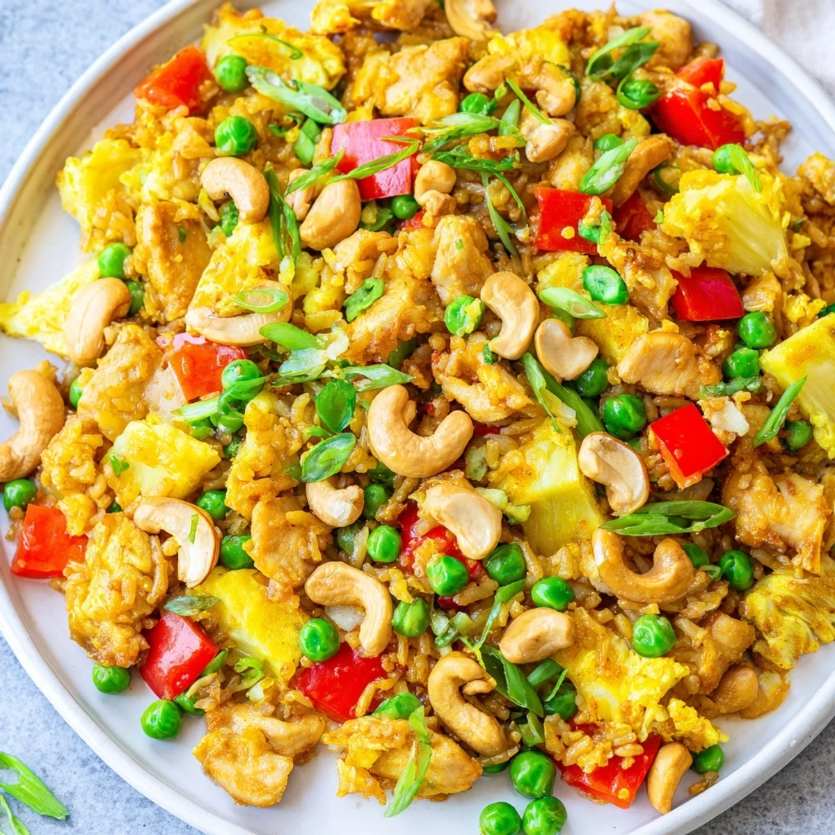 A steaming bowl of Pineapple Chicken Fried Rice with Cashews features crunchy nuts and fresh green onions for a flavorful Thai-inspired meal.