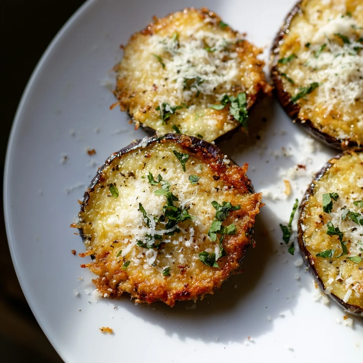 Mediterranean Roasted Eggplant & Parmesan Crisps cooling on a tray with fresh parsley and lemon wedges.