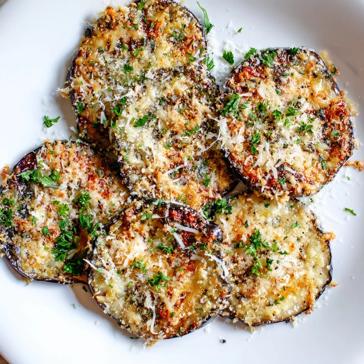 Golden roasted eggplant slices topped with melted Parmesan and herbs, served as a warm Mediterranean appetizer.