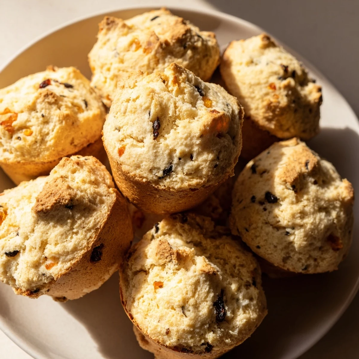 Freshly baked Mini Irish Soda Bread Muffins with golden tops and currants, displayed on a rustic wooden board.