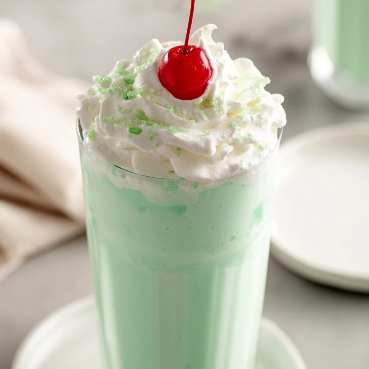 Two tall glasses of creamy homemade copycat Shamrock Shake topped with whipped cream and a bright red maraschino cherry.