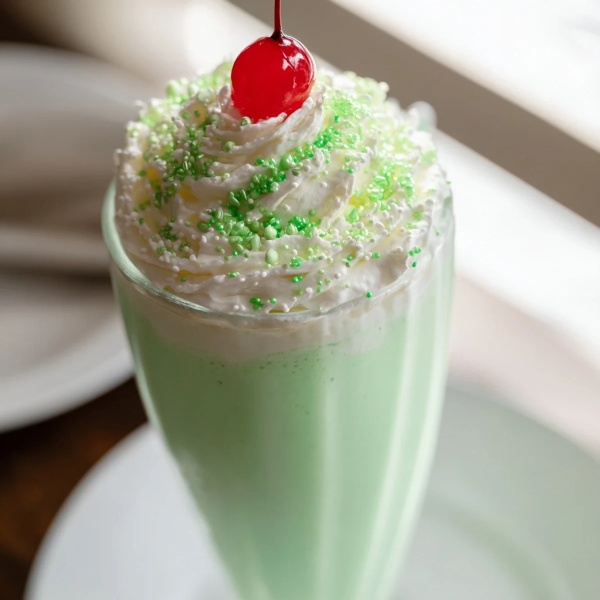 The blender is full of green minty homemade copycat Shamrock Shake with ice cream and milk ready to pour.
