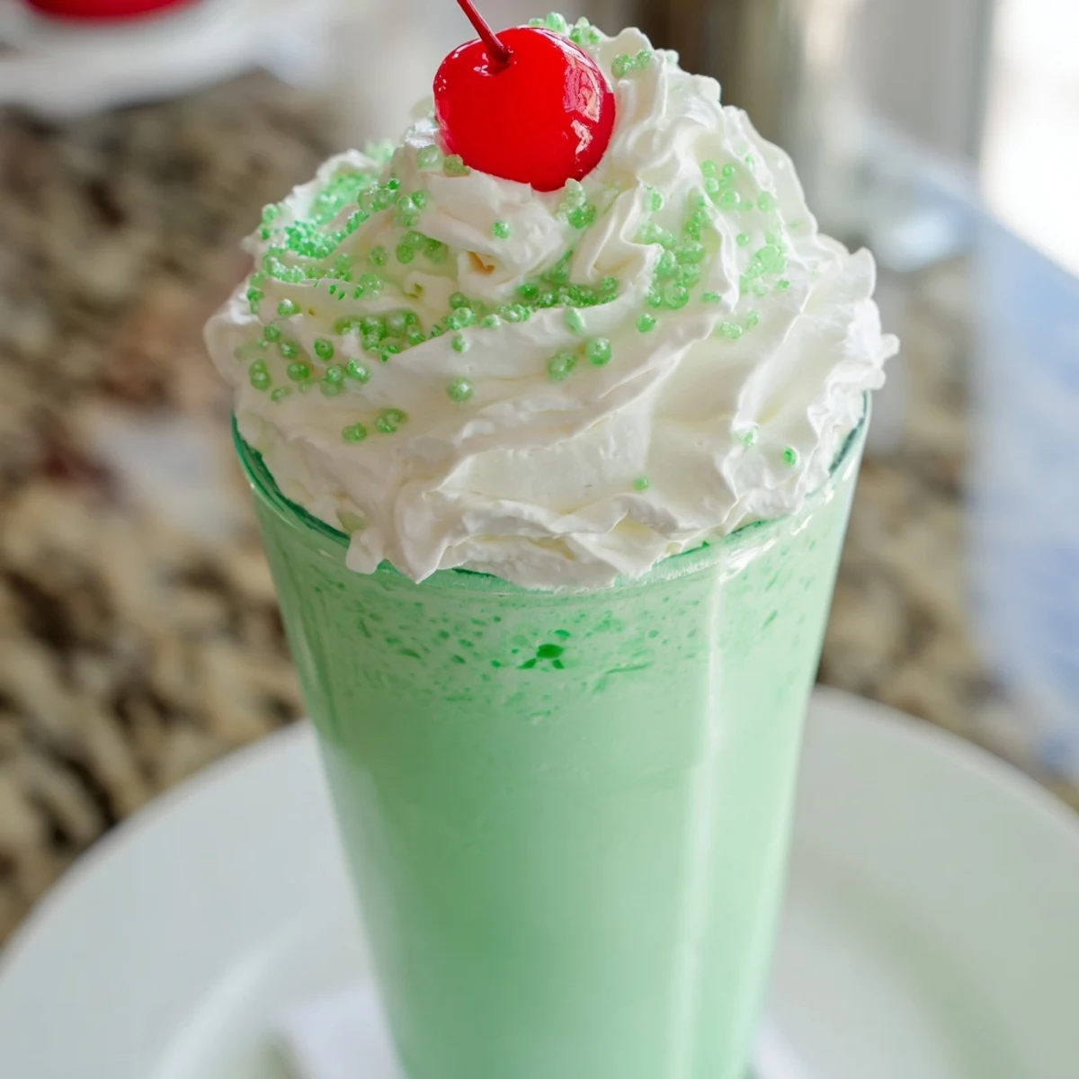 A frosted glass of homemade copycat Shamrock Shake swirled with whipped cream and green sprinkles on a marble counter.