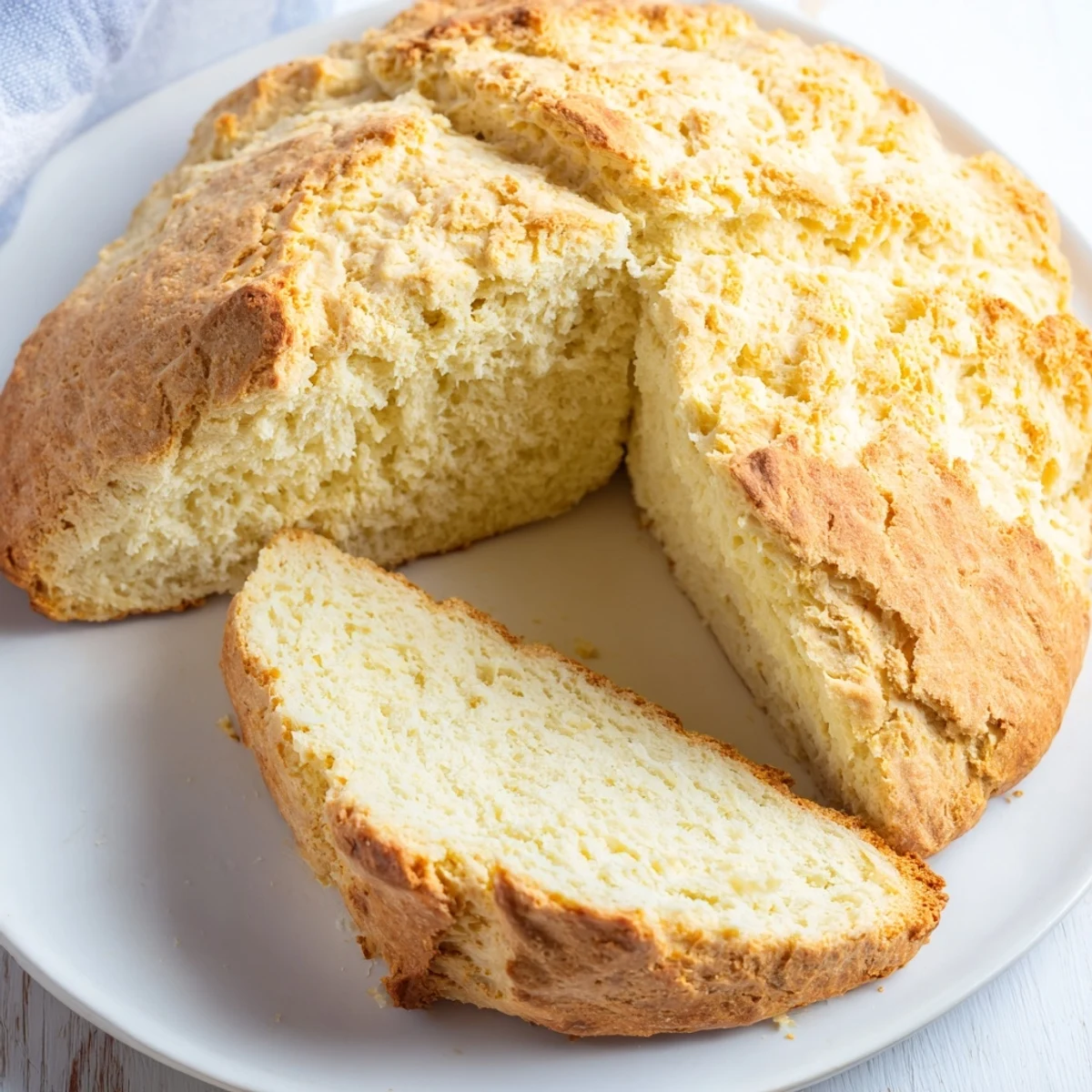 A rustic golden loaf of Authentic 4-Ingredient Irish Soda Bread rests on a wooden board, perfect for breakfast or with soup.