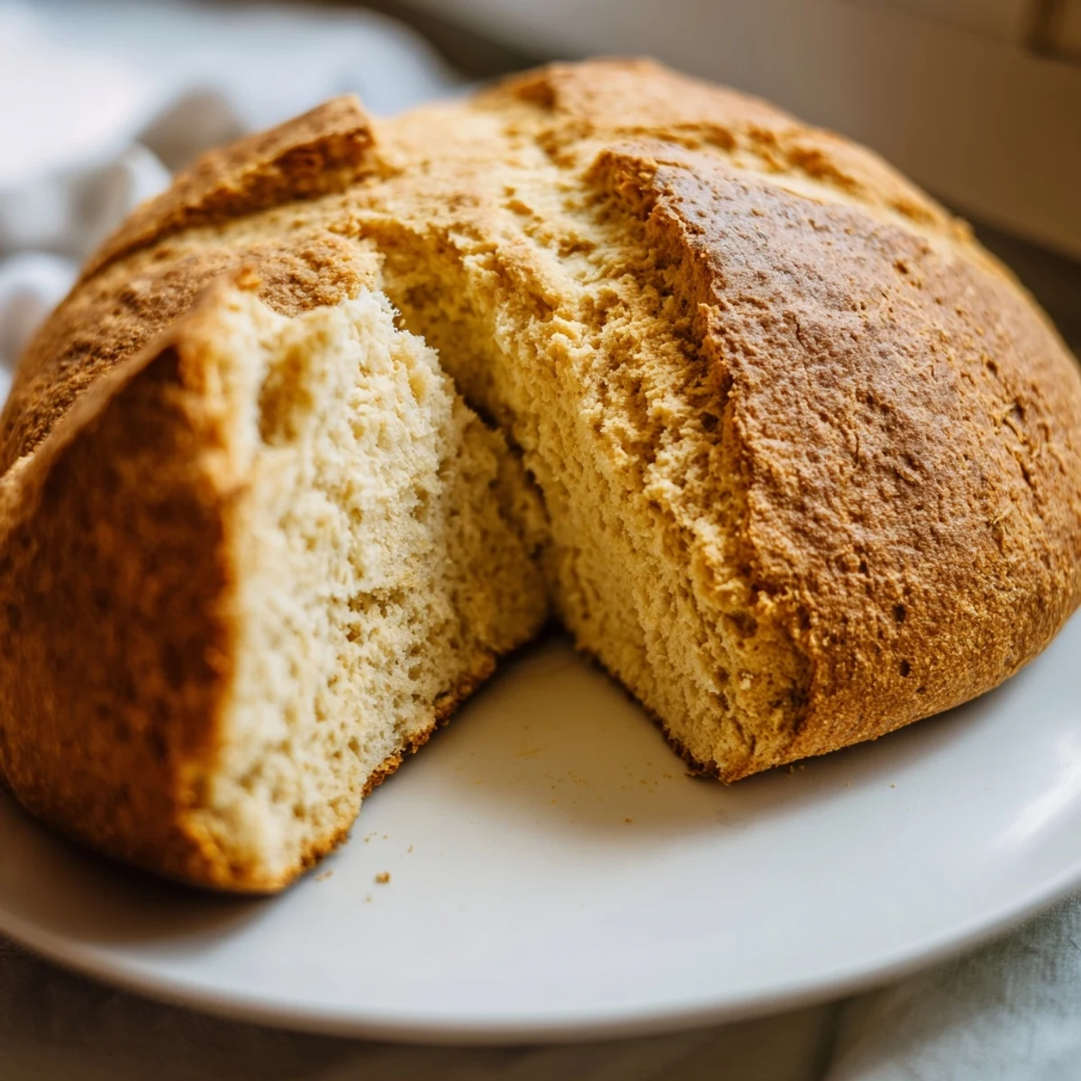 A close-up of Authentic 4-Ingredient Irish Soda Bread shows a cracked X on top and a tender, fluffy interior.