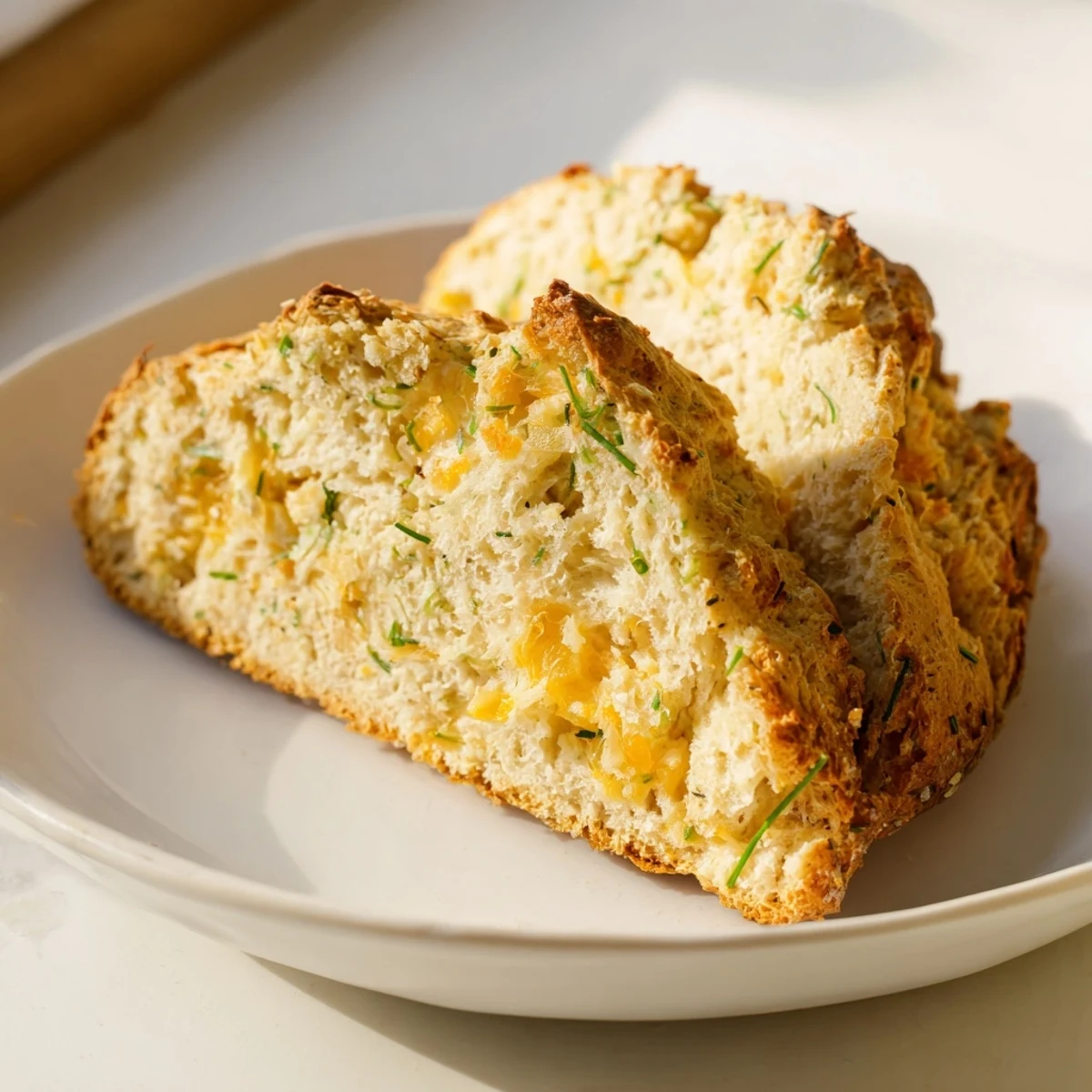 Savory Cheddar & Chive Irish Soda Bread loaf rests on a wooden board beside creamy butter spread.
