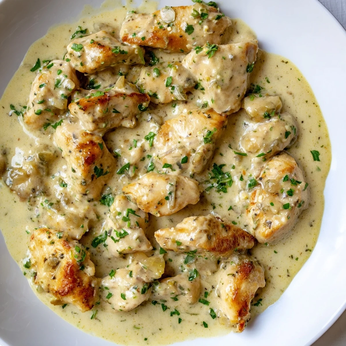 A close-up of succulent Boursin Chicken served over mashed potatoes with green beans on the side.