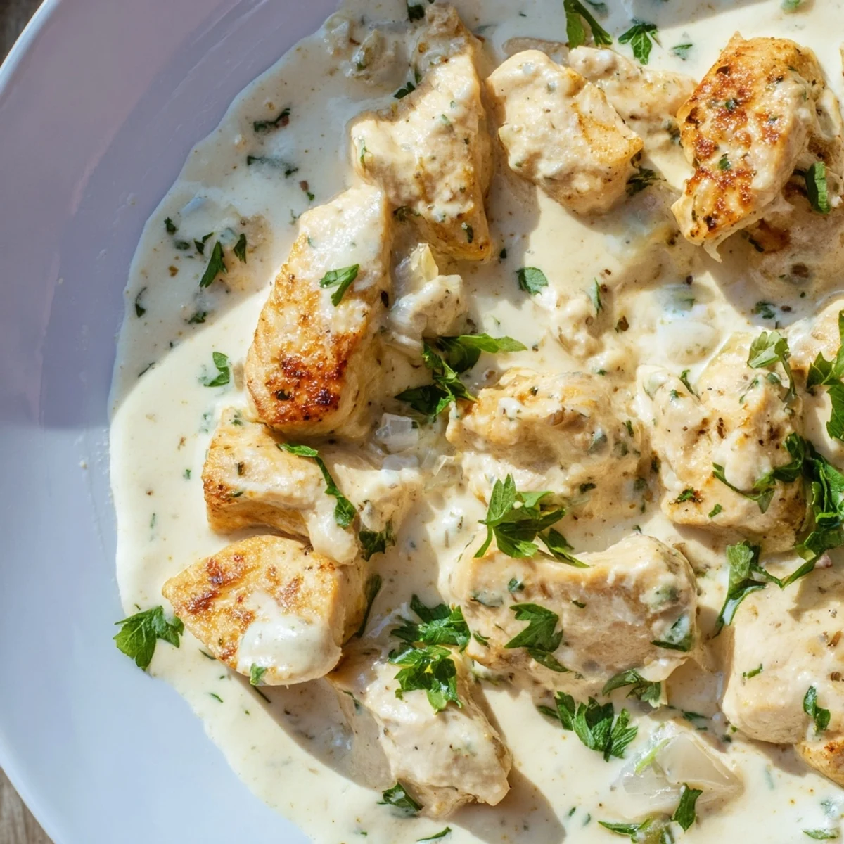 Sizzling skillet of tender Boursin Chicken in a rich, garlicky cream sauce ready to serve.