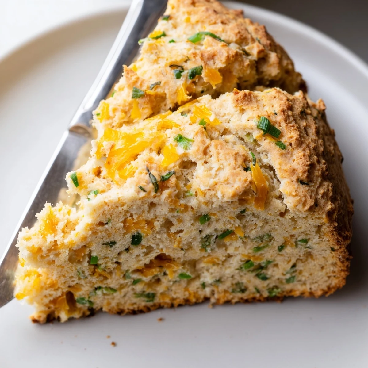 Sliced Savory Herbed Cheddar Irish Soda Bread reveals cheesy crumb texture, served warm beside a bowl of creamy tomato soup.