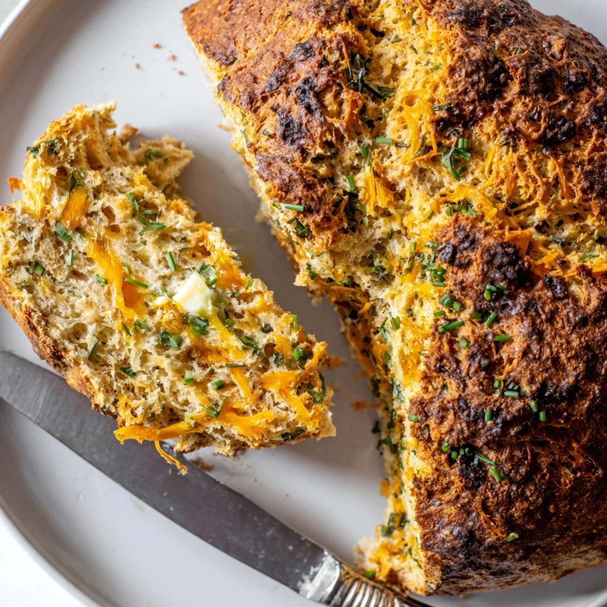Warm Savory Herbed Cheddar Irish Soda Bread with melted cheddar and herbs, ready to enjoy with butter for a hearty snack.