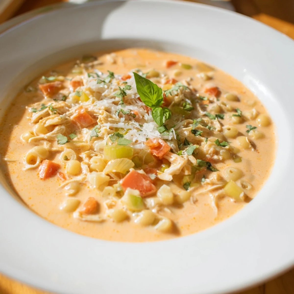 Creamy chicken parmesan soup steams in a slow cooker, featuring shredded chicken and carrots.